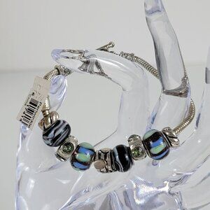 Periwinkle Silver-Tone Blue/Green Glass Charm Bracelet 8" Toggle Clasp